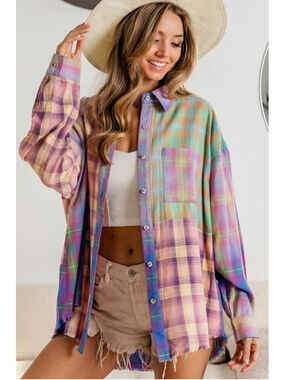 BiBi Plaid Button Down Shirt Womens XL Multicolor Patchwork Raw Hem Boho